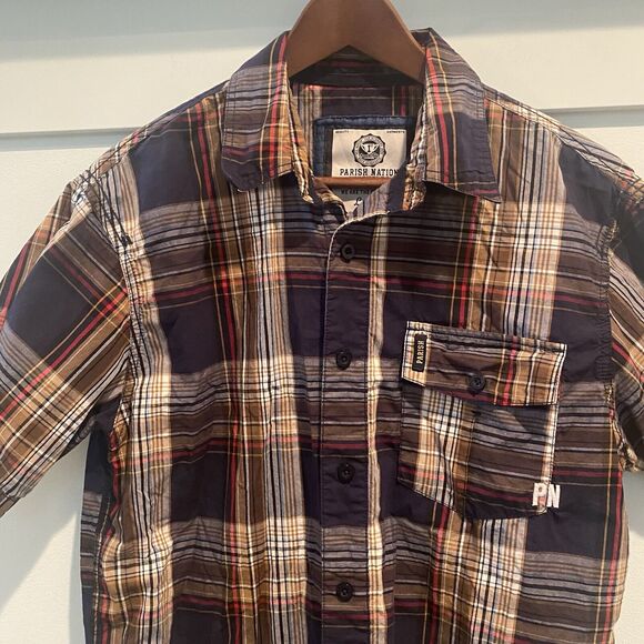 Parish Nation Y2K Shirt Mens Large Brown Plaid Hip Hop Streetwear Logos Retro - Picture 2 of 12
